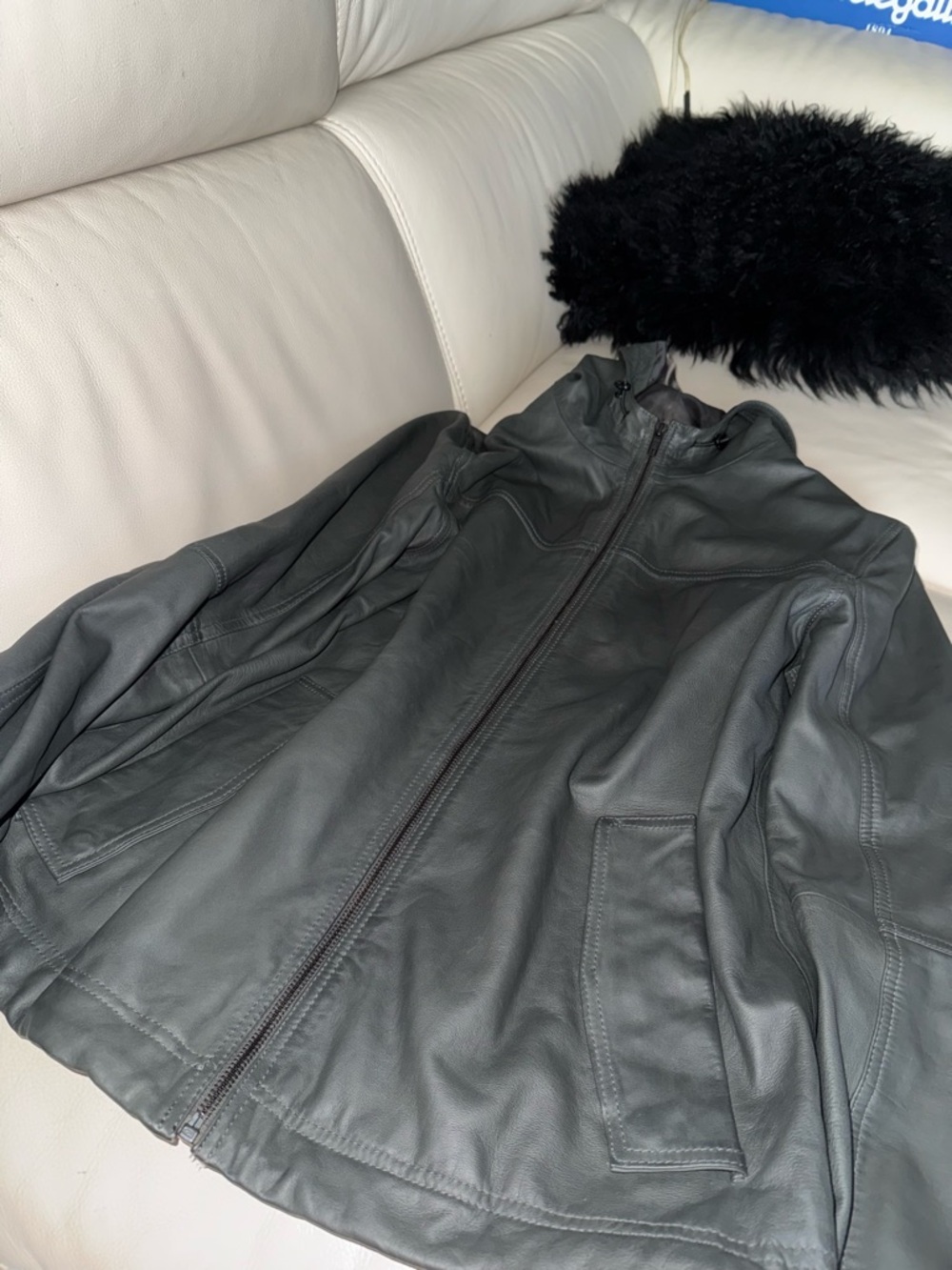 Women's Hooded Bomber Leather Jacket -Stone Grey - Picture 2 of 7